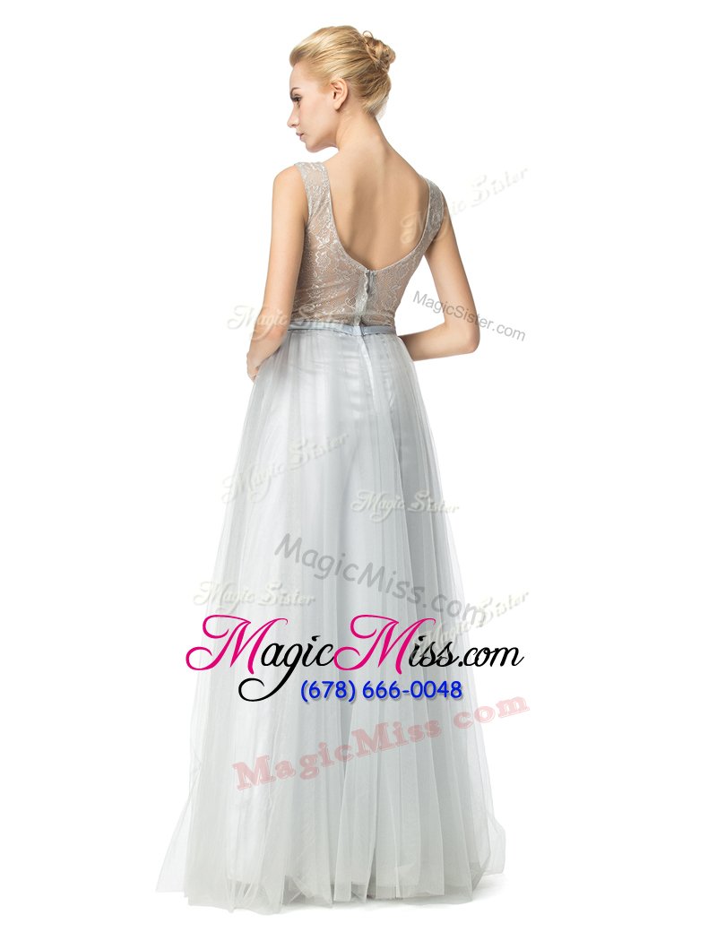 wholesale custom made scoop sleeveless tulle floor length zipper homecoming gowns in light blue for with appliques