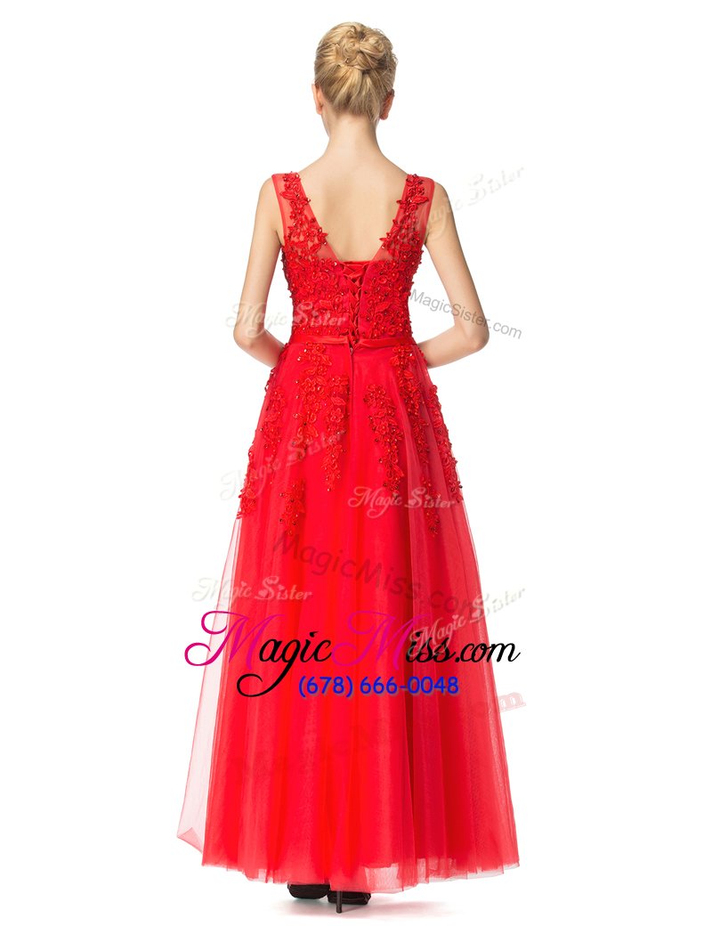 wholesale suitable sleeveless tulle floor length lace up prom gown in red for with beading and appliques