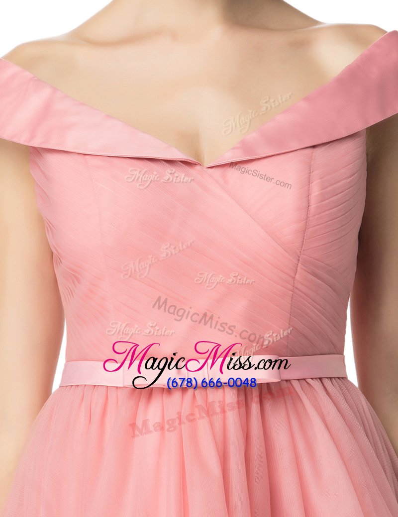 wholesale beauteous off the shoulder pink cap sleeves tulle zipper womens party dresses for prom and party