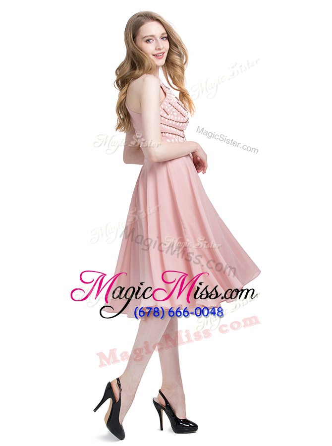 wholesale hot selling pink column/sheath scoop sleeveless chiffon knee length zipper beading cocktail dresses
