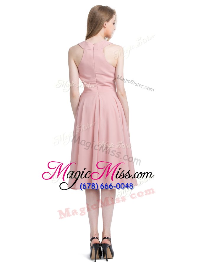 wholesale hot selling pink column/sheath scoop sleeveless chiffon knee length zipper beading cocktail dresses