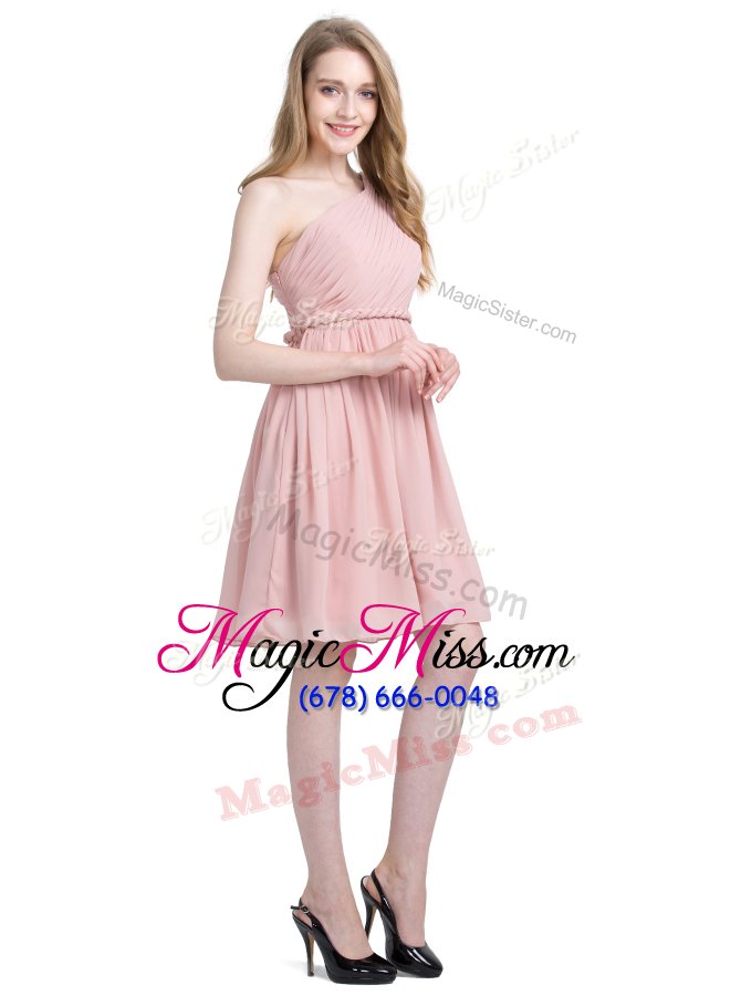 wholesale free and easy one shoulder knee length column/sheath sleeveless pink party dress for girls side zipper