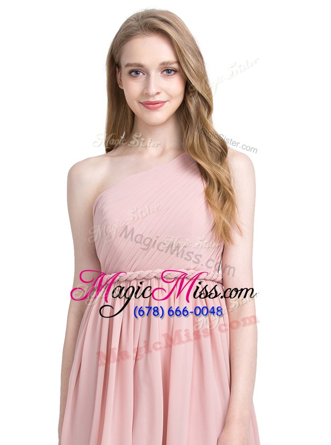 wholesale free and easy one shoulder knee length column/sheath sleeveless pink party dress for girls side zipper