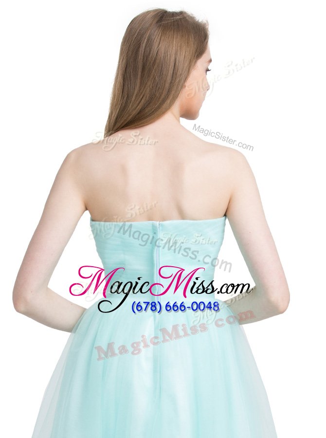 wholesale customized turquoise strapless neckline ruching sleeveless zipper