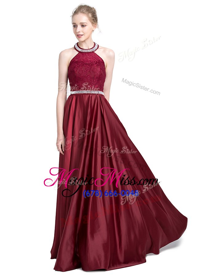 wholesale sweet halter top sleeveless floor length beading and lace zipper evening dresses with burgundy
