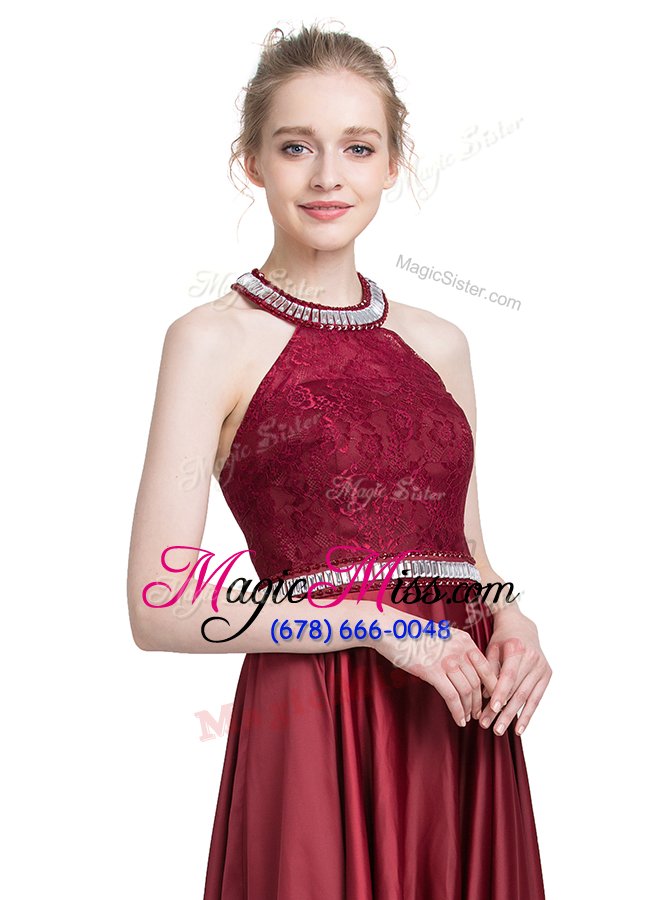 wholesale sweet halter top sleeveless floor length beading and lace zipper evening dresses with burgundy