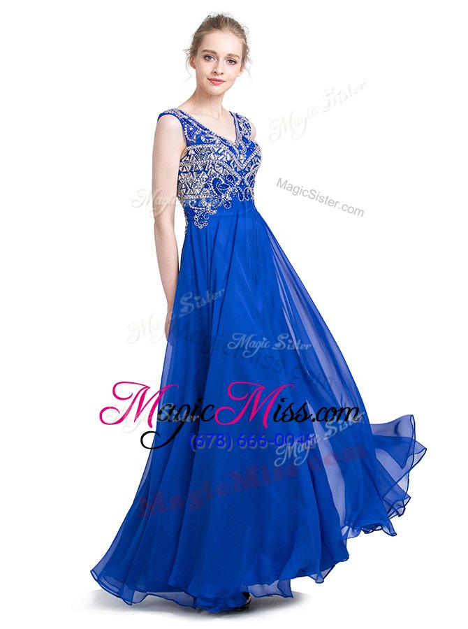 wholesale attractive v-neck sleeveless prom evening gown ankle length beading royal blue chiffon