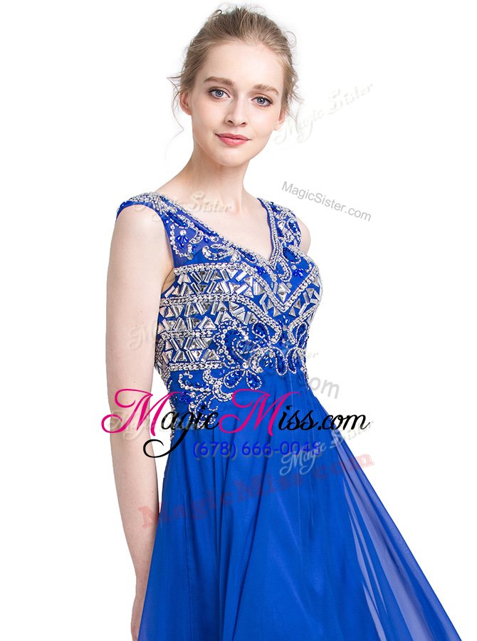 wholesale attractive v-neck sleeveless prom evening gown ankle length beading royal blue chiffon