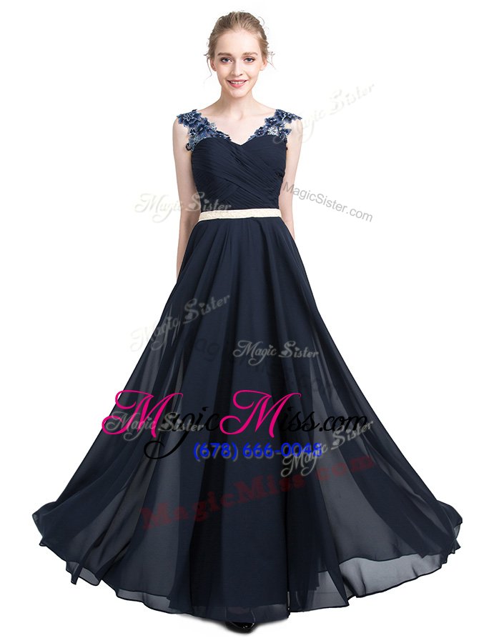 wholesale amazing floor length navy blue prom gown v-neck sleeveless zipper