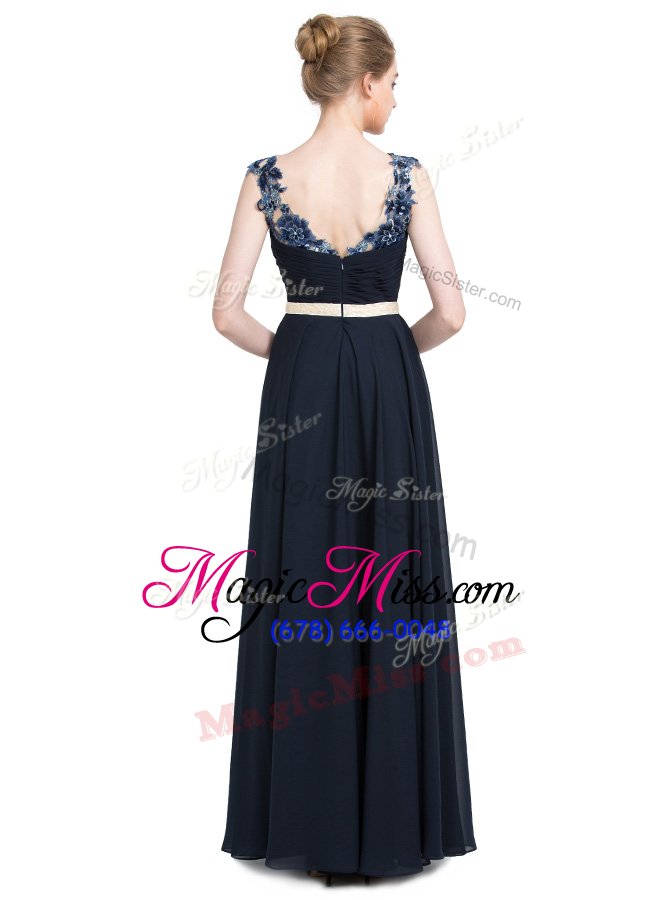 wholesale amazing floor length navy blue prom gown v-neck sleeveless zipper