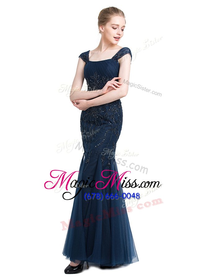 wholesale artistic mermaid cap sleeves tulle floor length zipper dress for prom in navy blue for with beading