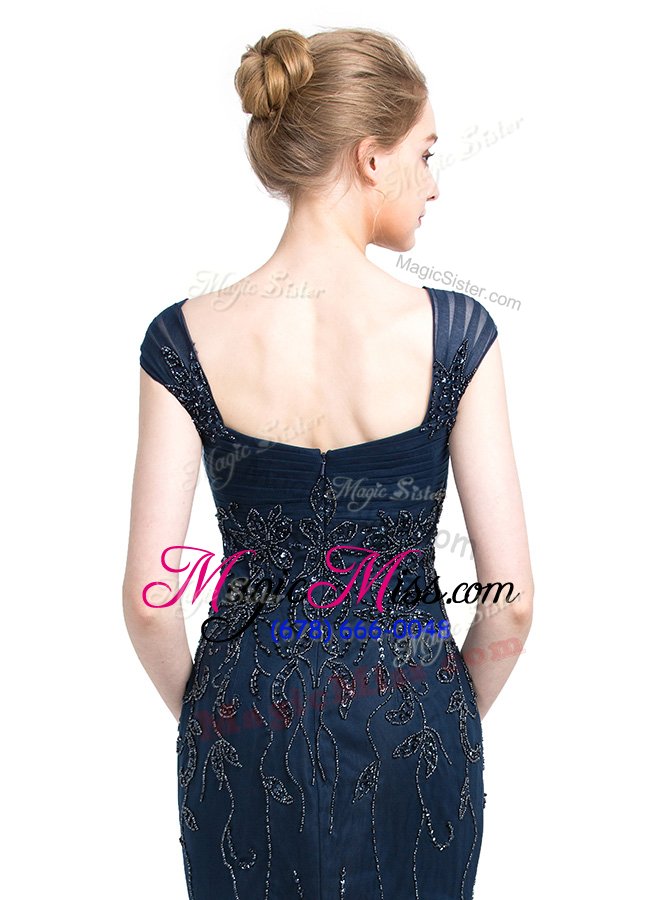 wholesale artistic mermaid cap sleeves tulle floor length zipper dress for prom in navy blue for with beading