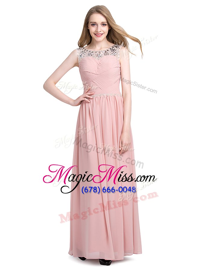 wholesale chic scoop sleeveless chiffon floor length zipper hoco dress in baby pink for with beading