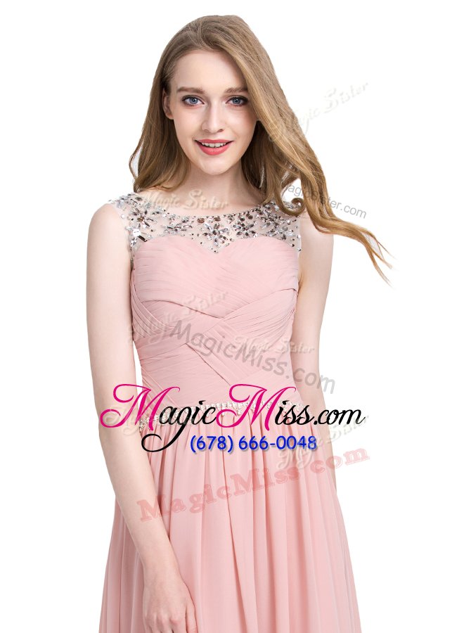 wholesale chic scoop sleeveless chiffon floor length zipper hoco dress in baby pink for with beading