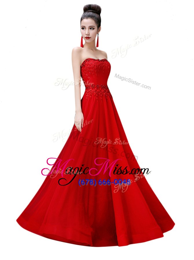 wholesale colorful red empire strapless sleeveless chiffon floor length lace up beading prom evening gown