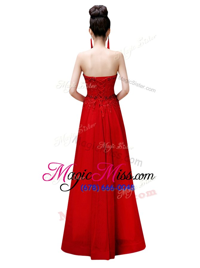 wholesale colorful red empire strapless sleeveless chiffon floor length lace up beading prom evening gown