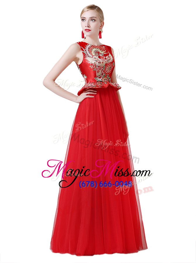 wholesale charming scoop coral red sleeveless tulle zipper ball gown prom dress for prom and party