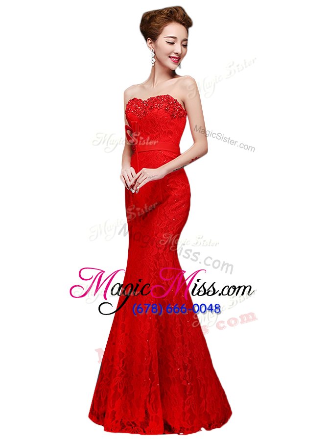 wholesale high end floor length mermaid sleeveless red formal evening gowns lace up