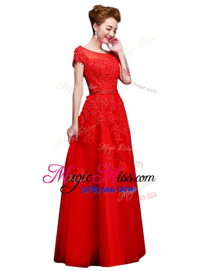 wholesale fitting lace mother of the bride dress red lace up short sleeves floor length