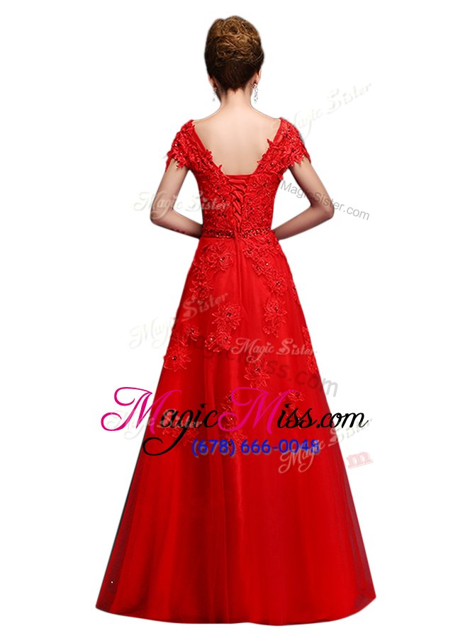 wholesale fitting lace mother of the bride dress red lace up short sleeves floor length