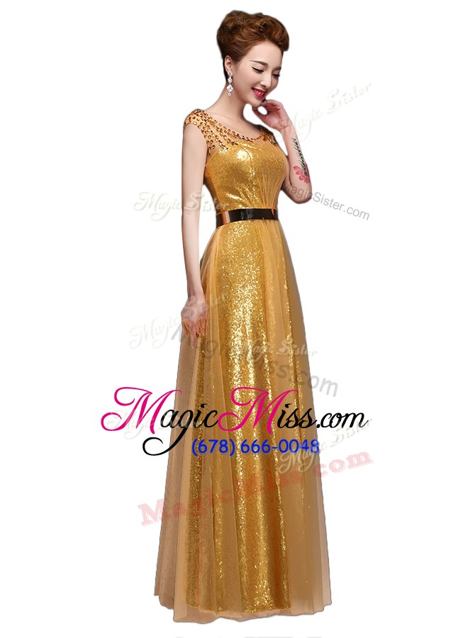 wholesale gold zipper scoop beading and sequins and belt evening dresses sequined cap sleeves