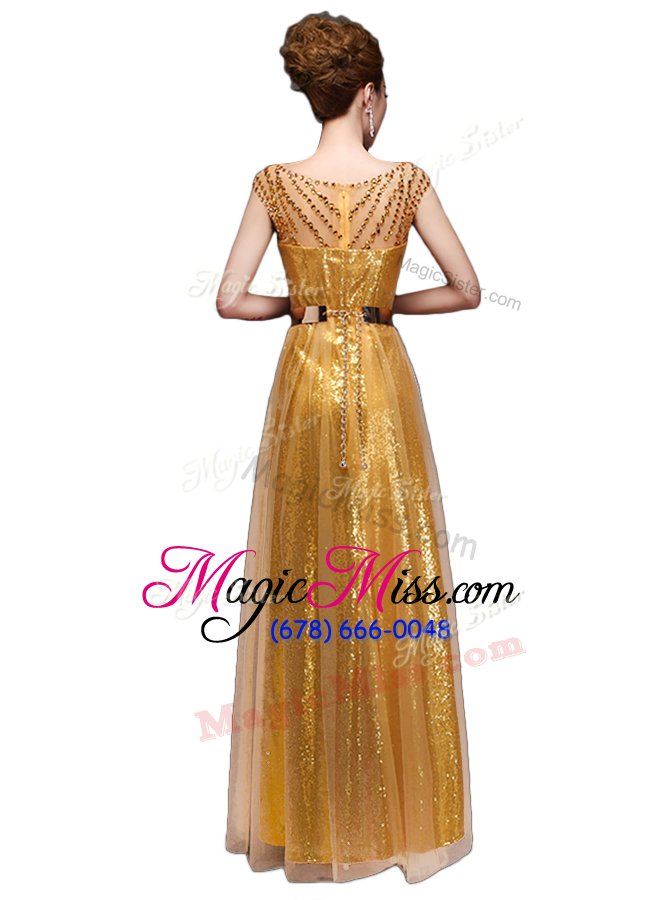 wholesale gold zipper scoop beading and sequins and belt evening dresses sequined cap sleeves