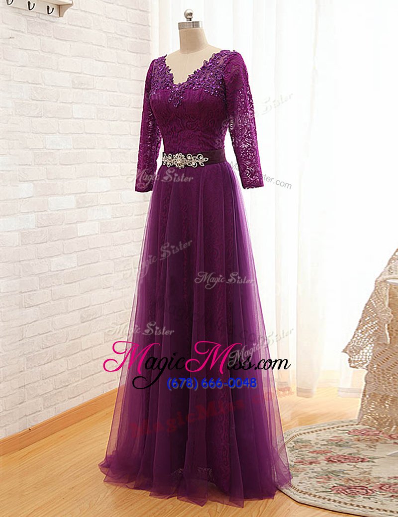 wholesale great purple tulle lace up mother of the bride dress 3|4 length sleeve floor length beading and lace