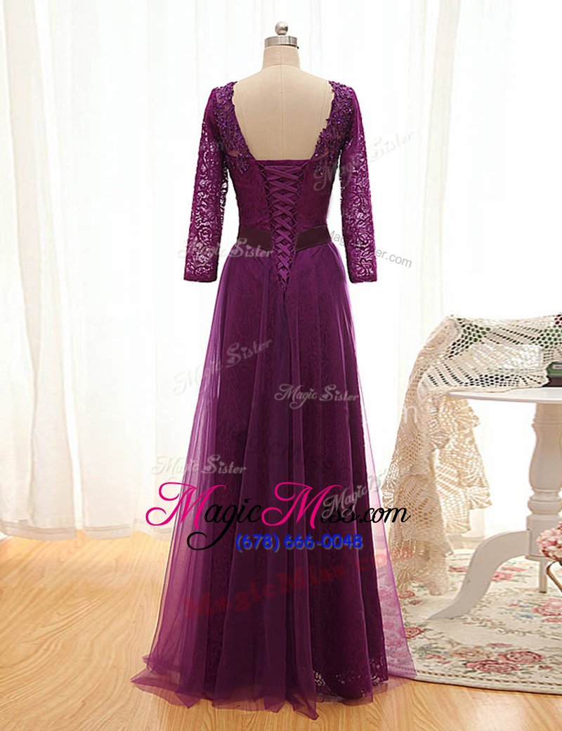 wholesale great purple tulle lace up mother of the bride dress 3|4 length sleeve floor length beading and lace