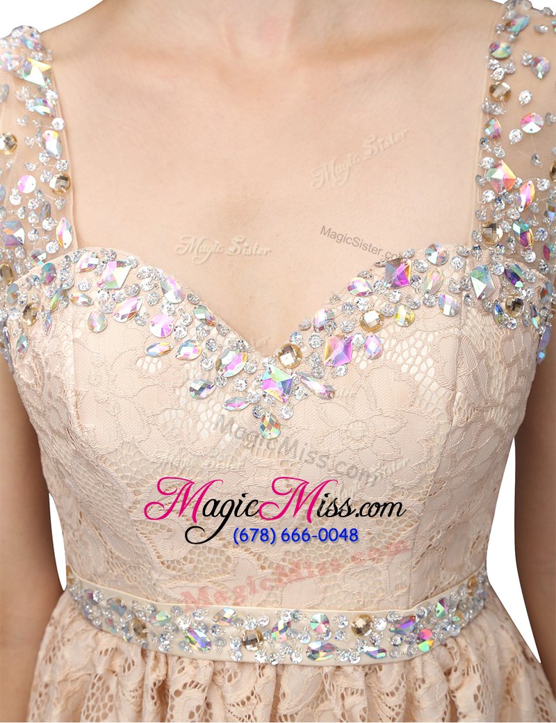 wholesale glamorous champagne sleeveless mini length lace side zipper prom evening gown