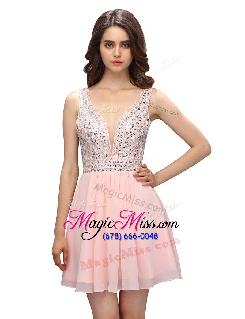 wholesale popular knee length baby pink prom gown v-neck sleeveless zipper