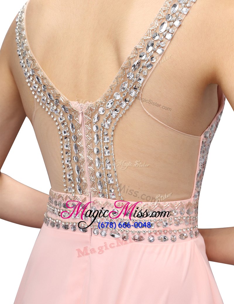 wholesale popular knee length baby pink prom gown v-neck sleeveless zipper