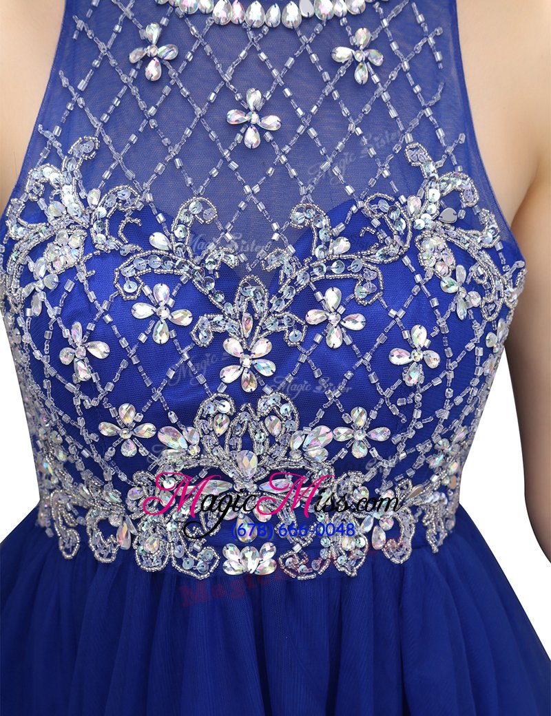wholesale fabulous royal blue high-neck zipper beading sleeveless
