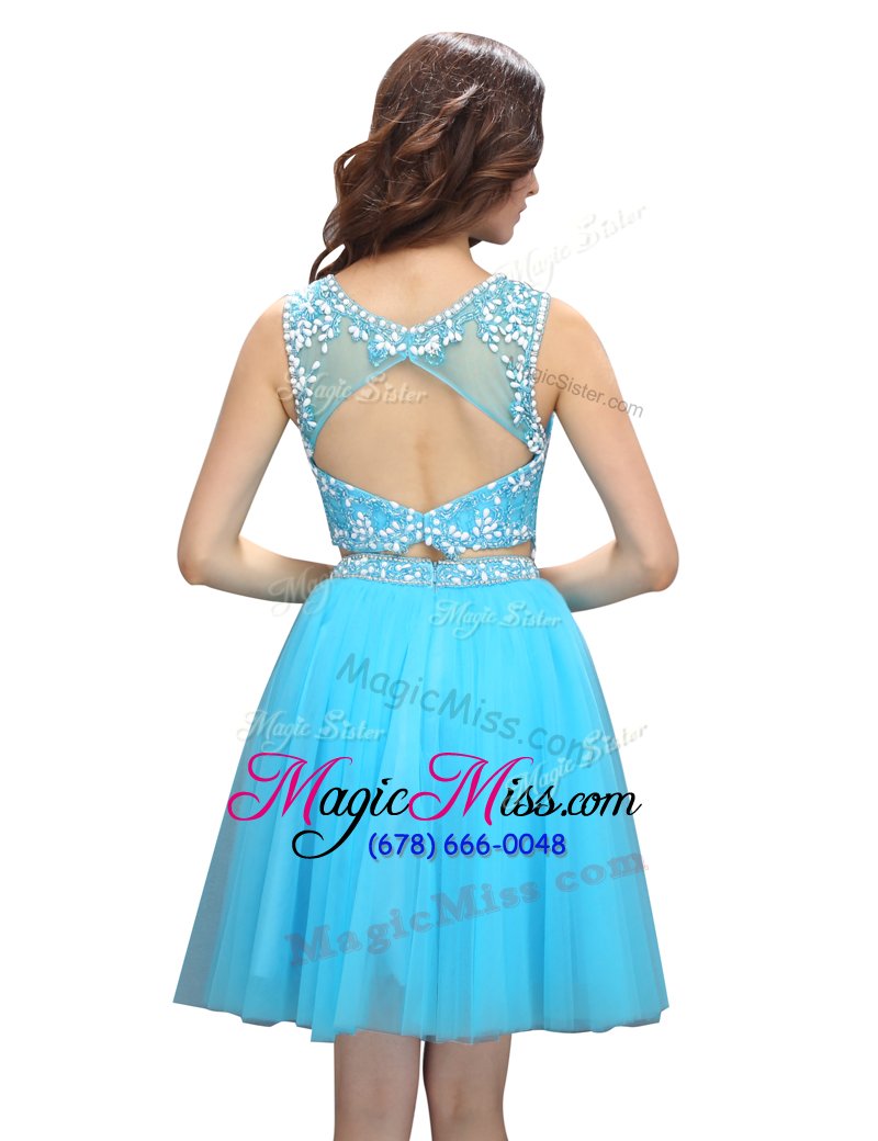 wholesale discount scoop baby blue empire appliques party dress backless tulle sleeveless knee length