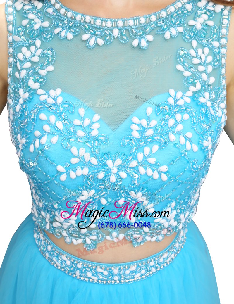 wholesale discount scoop baby blue empire appliques party dress backless tulle sleeveless knee length