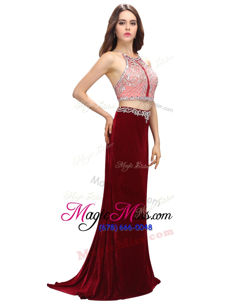 wholesale suitable wine red prom party dress prom and party and for with beading and appliques scoop sleeveless sweep train criss cross