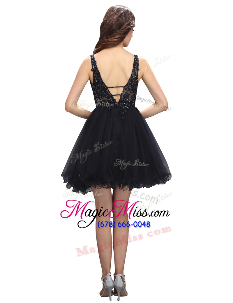 wholesale romantic v-neck sleeveless dress for prom mini length beading black organza