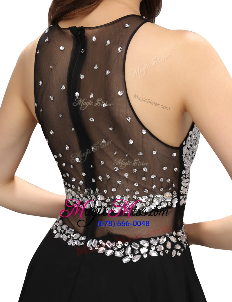 wholesale new style scoop sleeveless prom evening gown mini length beading black chiffon