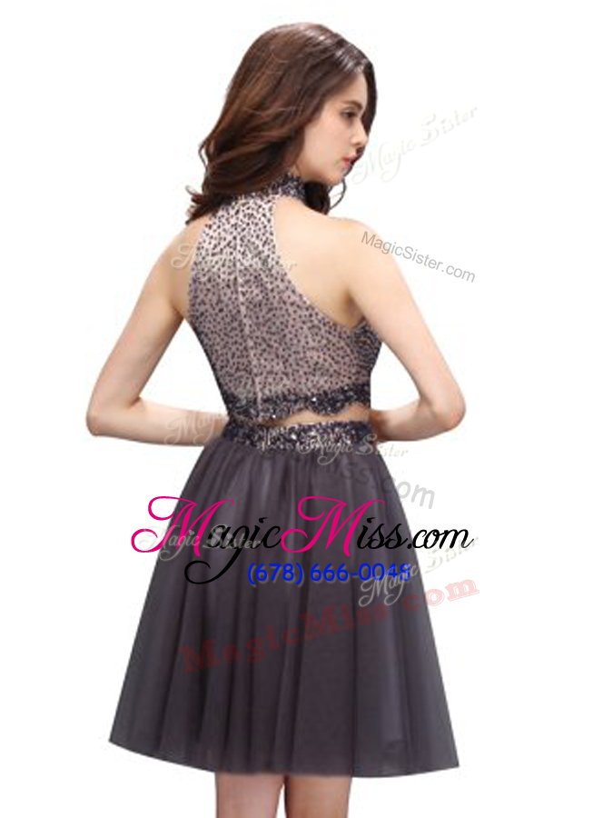 wholesale fancy sleeveless chiffon mini length zipper prom gown in brown for with beading