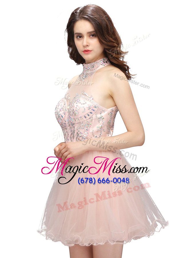 wholesale great pink a-line beading dress for prom zipper organza sleeveless mini length