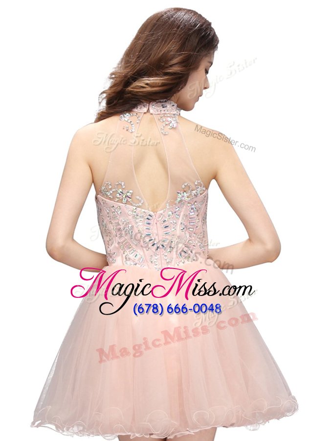 wholesale great pink a-line beading dress for prom zipper organza sleeveless mini length