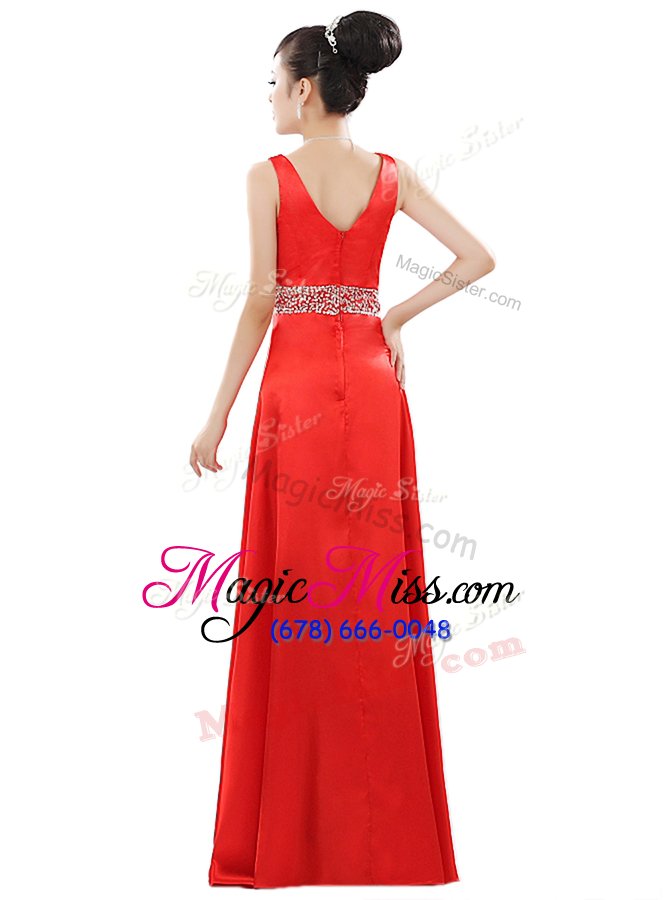wholesale fancy v-neck sleeveless elastic woven satin dress for prom beading zipper