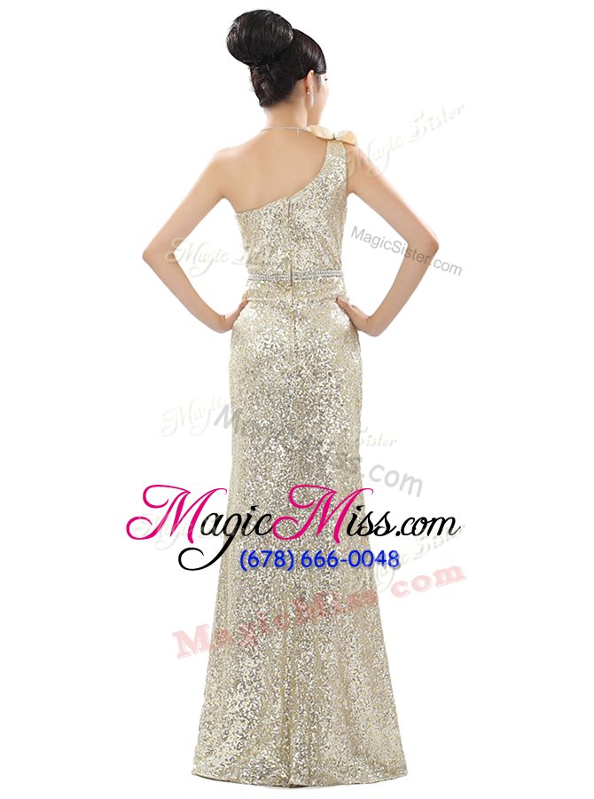 wholesale sweet gold sequined zipper one shoulder sleeveless floor length dress for prom beading and sequins