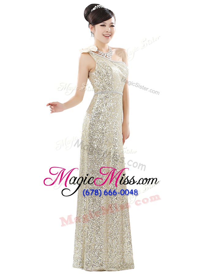 wholesale low price one shoulder champagne sequined zipper prom gown sleeveless floor length beading and sequins