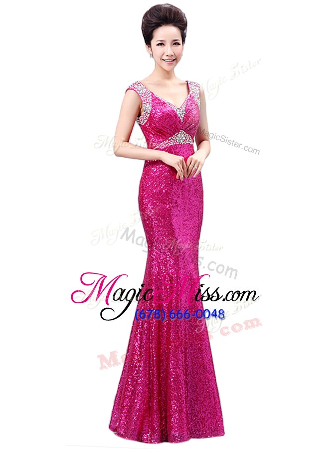 wholesale designer rose pink column/sheath sequined v-neck sleeveless sequins floor length zipper prom evening gown