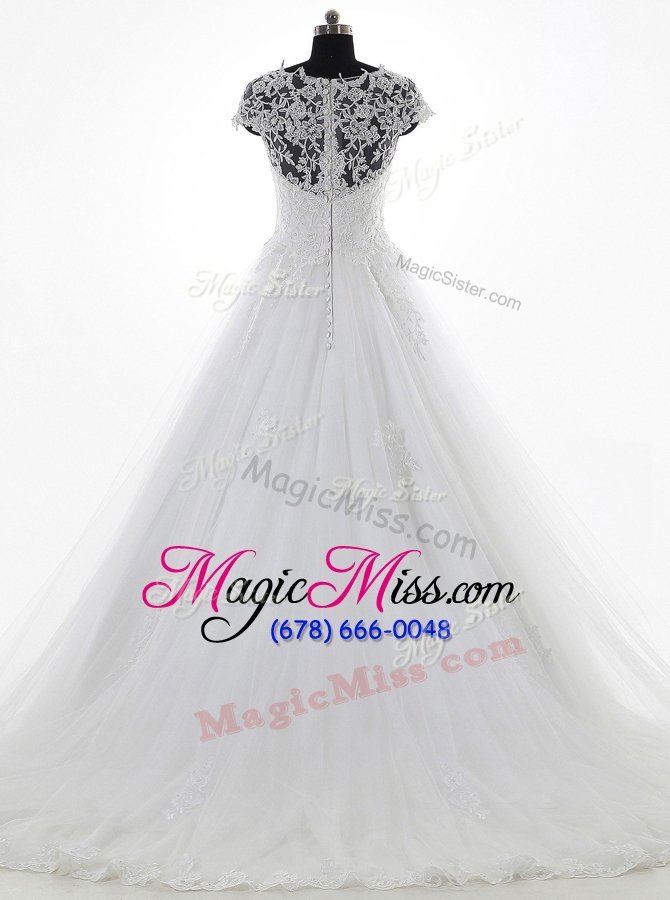 wholesale high end scoop white short sleeves brush train lace and appliques with train bridal gown