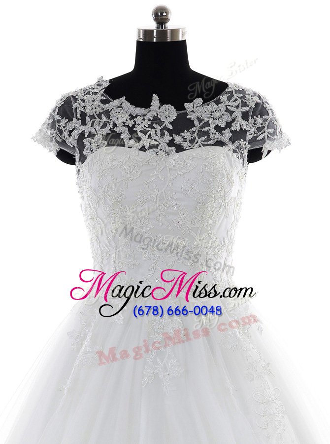 wholesale high end scoop white short sleeves brush train lace and appliques with train bridal gown