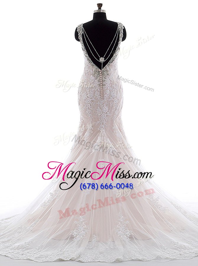 wholesale adorable sleeveless brush train backless with train beading and lace wedding gown