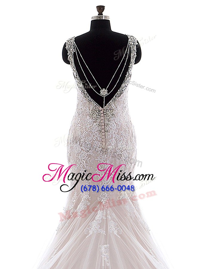 wholesale adorable sleeveless brush train backless with train beading and lace wedding gown