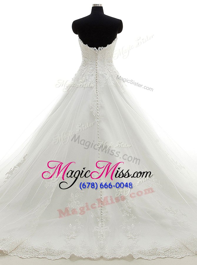 wholesale elegant lace white sleeveless tulle brush train clasp handle bridal gown for wedding party