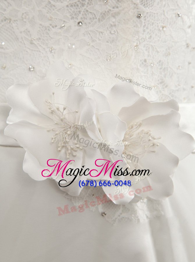 wholesale scoop white cap sleeves lace and hand made flower floor length wedding dresses